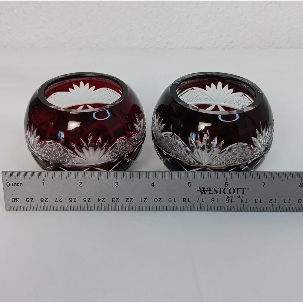 Crystal Ruby Red Cut To Clear Vase Bowl Candle Holder Cut Glass Bohemian READ